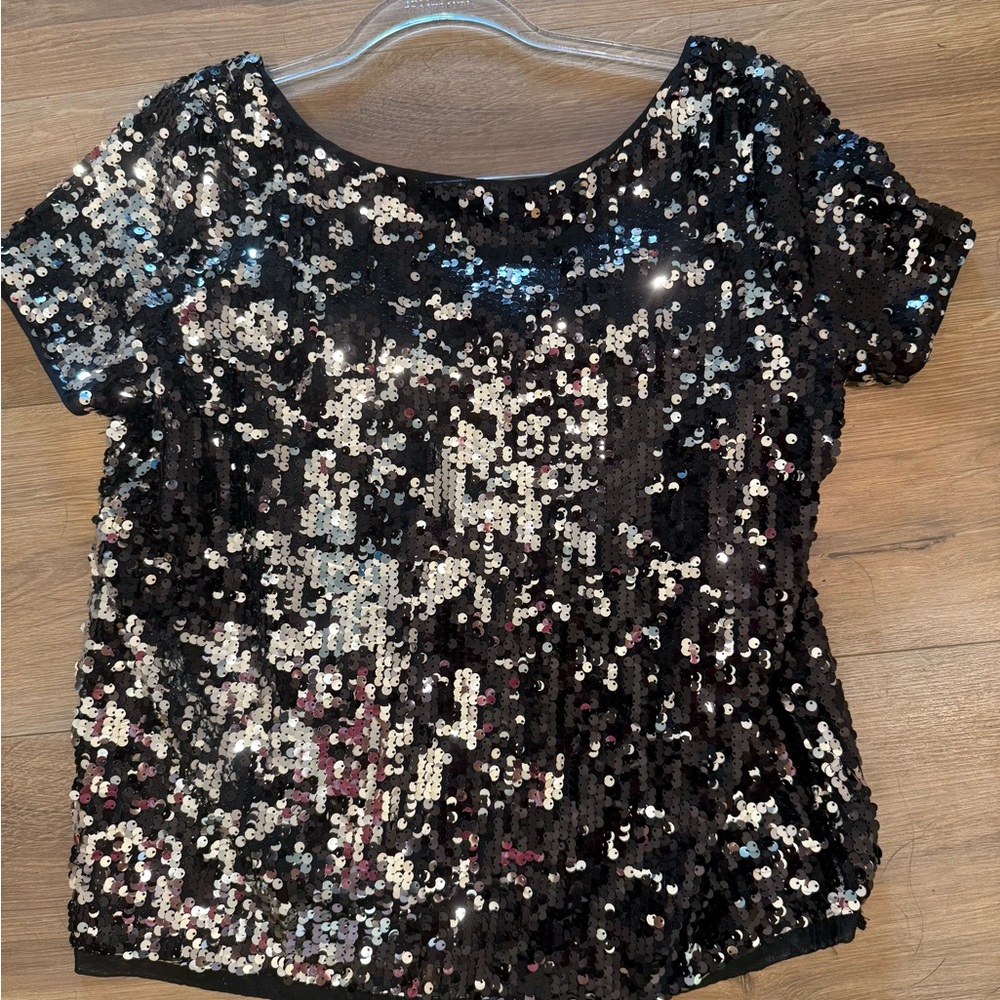Milly Women's Black Short Sleeve Sequined Scoop Back Top Size 6 PARTY
